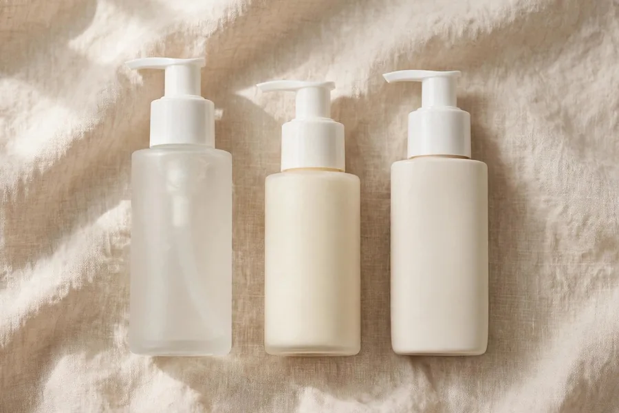 Three simple skincare bottles — cleanser, moisturizer and sunscreen — lined up on beige linen