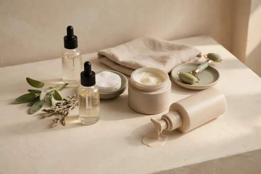 Skincare products arranged on a cream vanity with one bottle tipped on its side