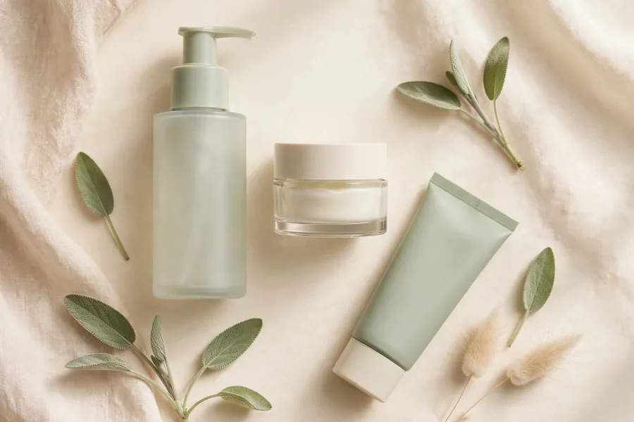 Morning skincare products — a gentle cleanser, moisturizer and sunscreen — in soft daylight