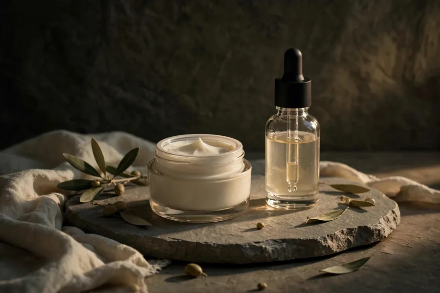 A night cream jar and serum dropper bottle on a stone tray in warm evening light